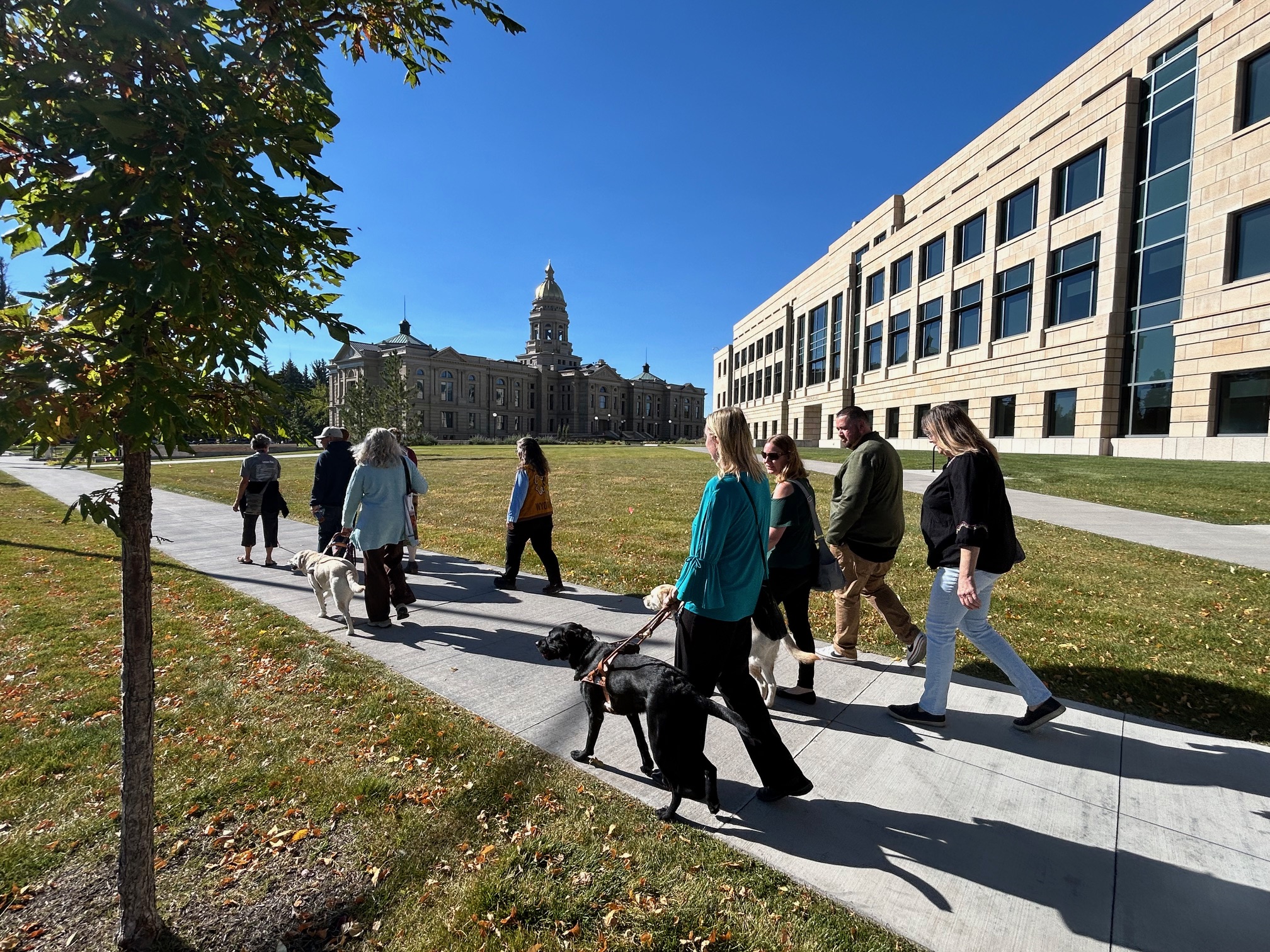 Group walking with capital in the background